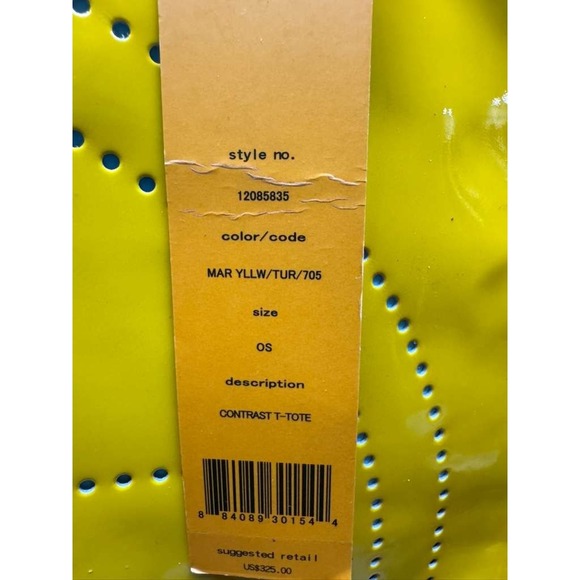 NWD Tory Burch Patent Leather Contrast T-Tote Bag Yellow Turquoise One Size - Picture 3 of 15
